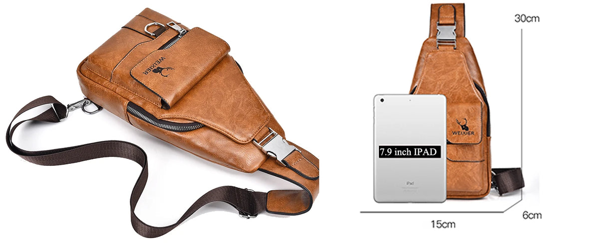 A brown men's PU leather crossbody sling bag is shown next to a white iPad, demonstrating its size and style.