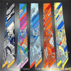 A collection of nine colorful silky twill ribbon scarves displayed vertically against a dark background.