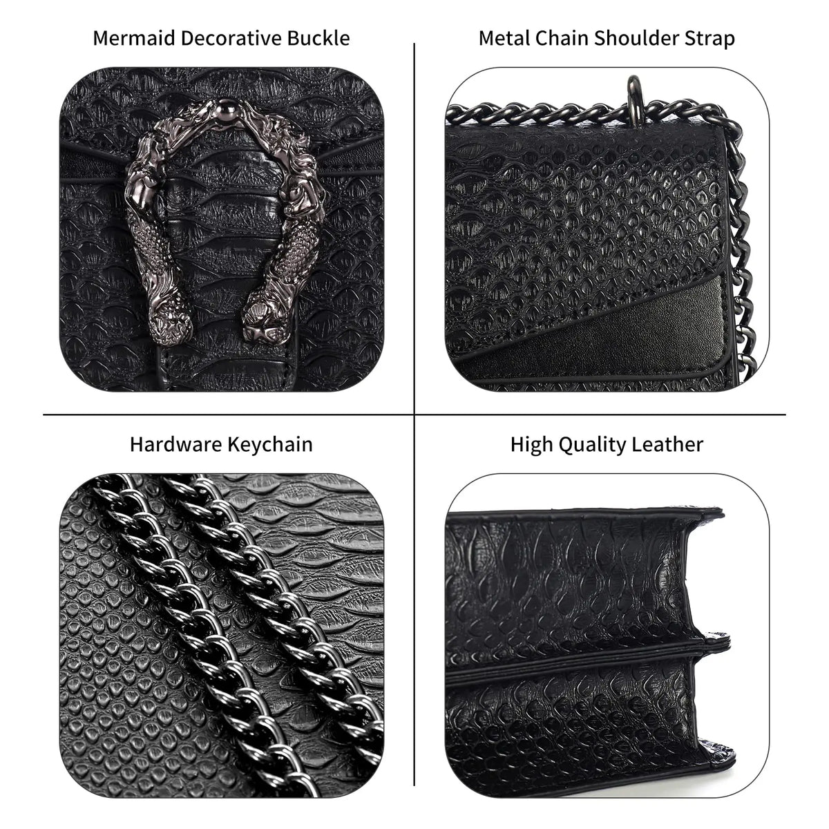 Bolso cruz de cuero negro con estampado de serpiente, hebilla decorativa de sirena y cadena metálica