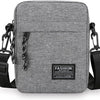 A gray nylon sling bag with black adjustable straps and a black leather tag on the front.