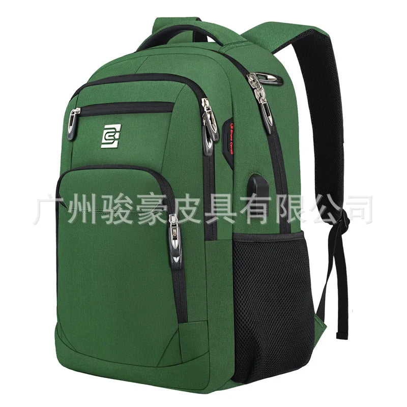 A dark green business travel laptop backpack with black accents and straps.