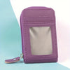 A purple multi-slot card holder wallet with a clear window and attached keyring.