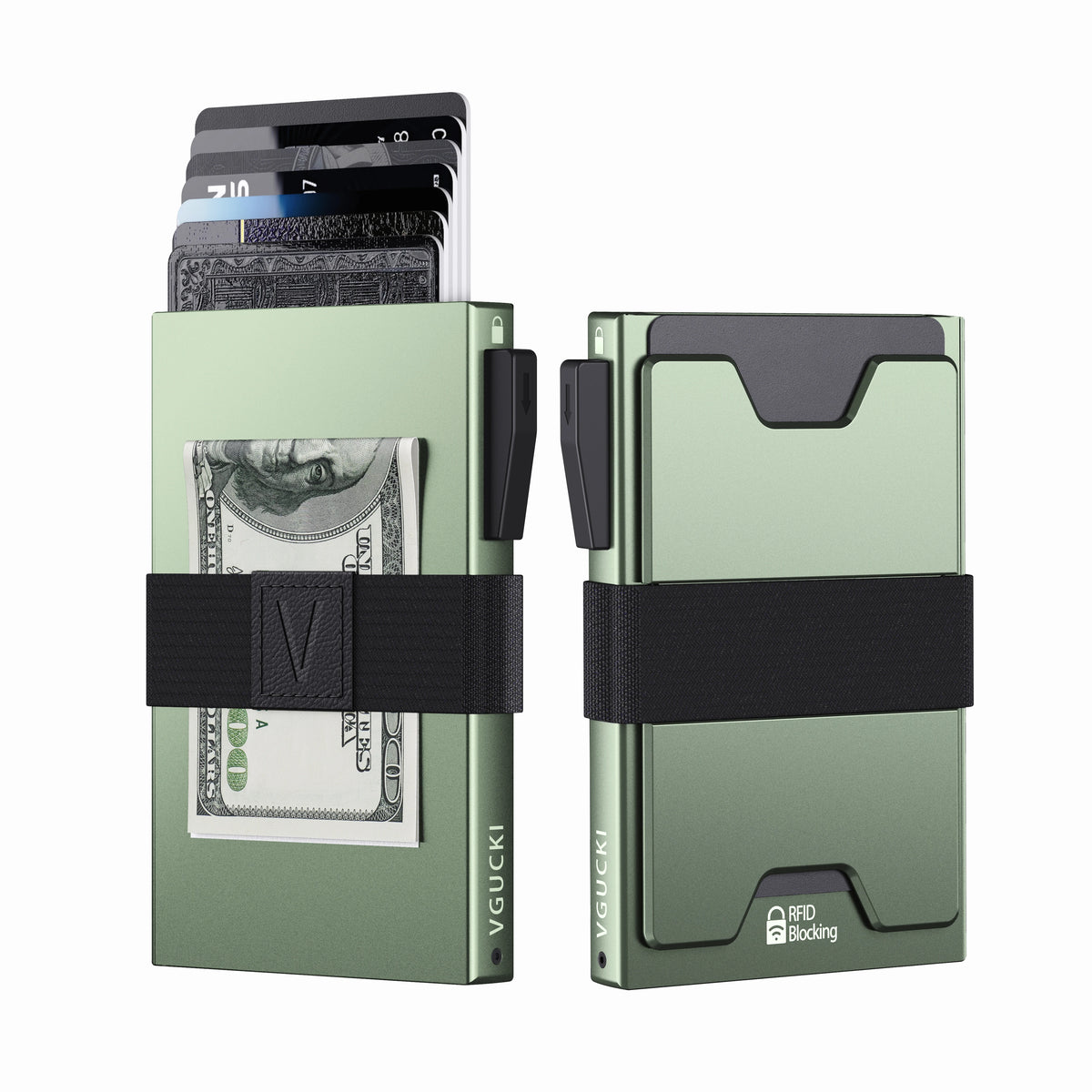 A light green minimalist metal card holder with an expandable black backplate and a stack of credit cards.
