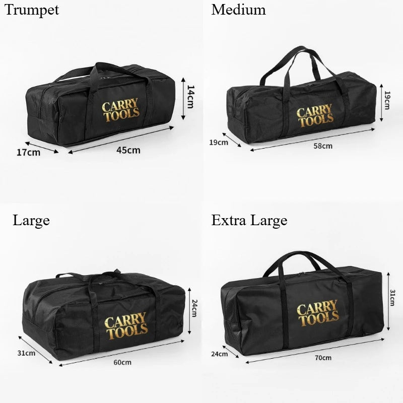Four sizes of black Carry Tools storage bags: Trumpet, Medium, Large, and Extra Large.