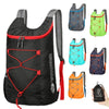 A black multifunctional outdoor folding backpack with red accents and various color options shown.