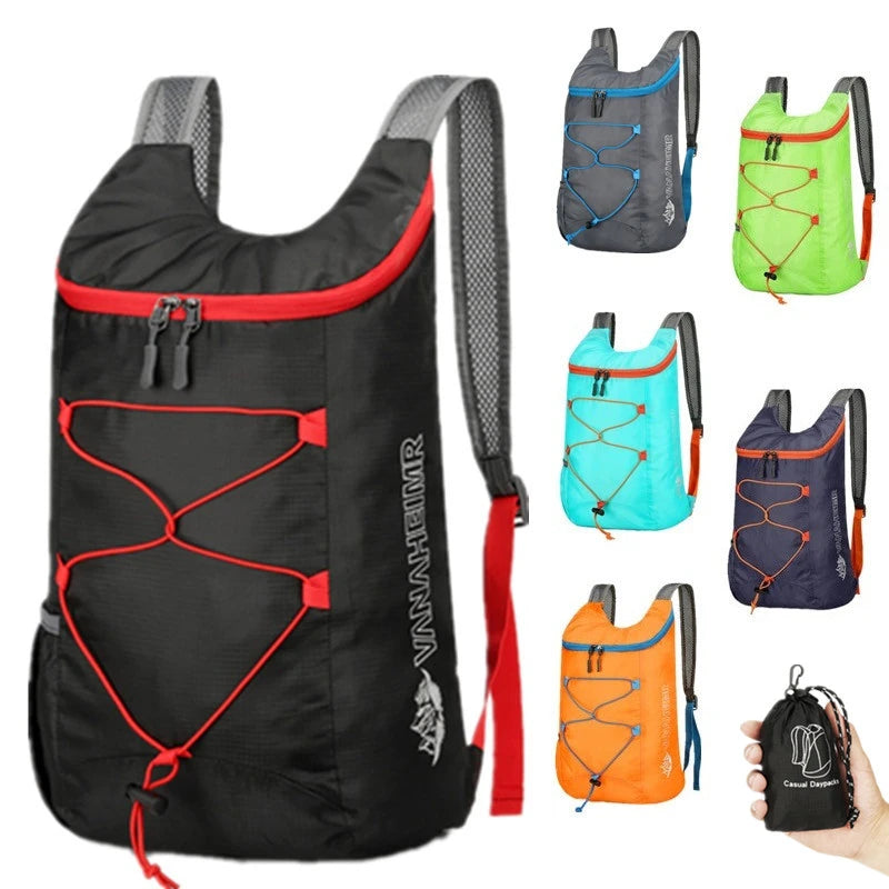 A black multifunctional outdoor folding backpack with red accents and various color options shown.
