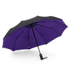 A purple heavy-duty windproof automatic umbrella open and angled against a white background.