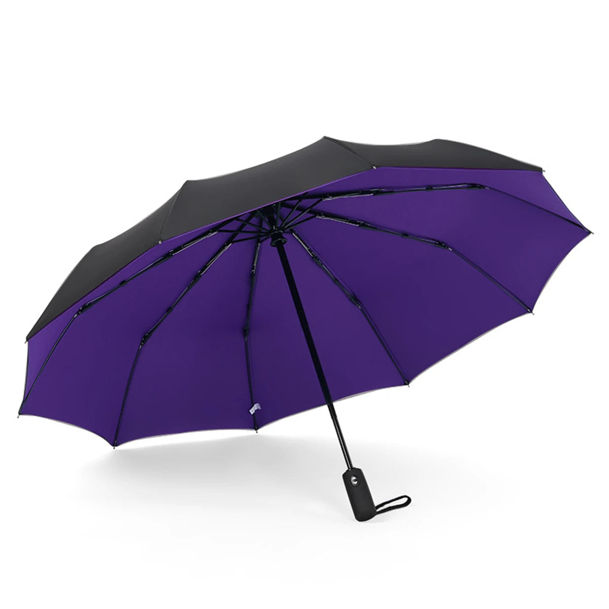 A purple heavy-duty windproof automatic umbrella open and angled against a white background.