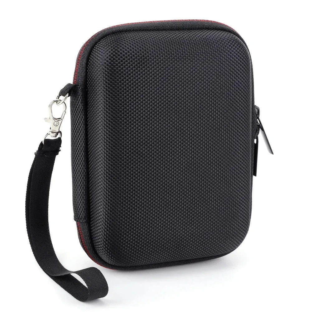 Black portable hard case for handheld consoles with a black strap and silver clasp.