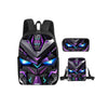A set of three cartoon mechanical robot school backpacks featuring purple and black armor designs.