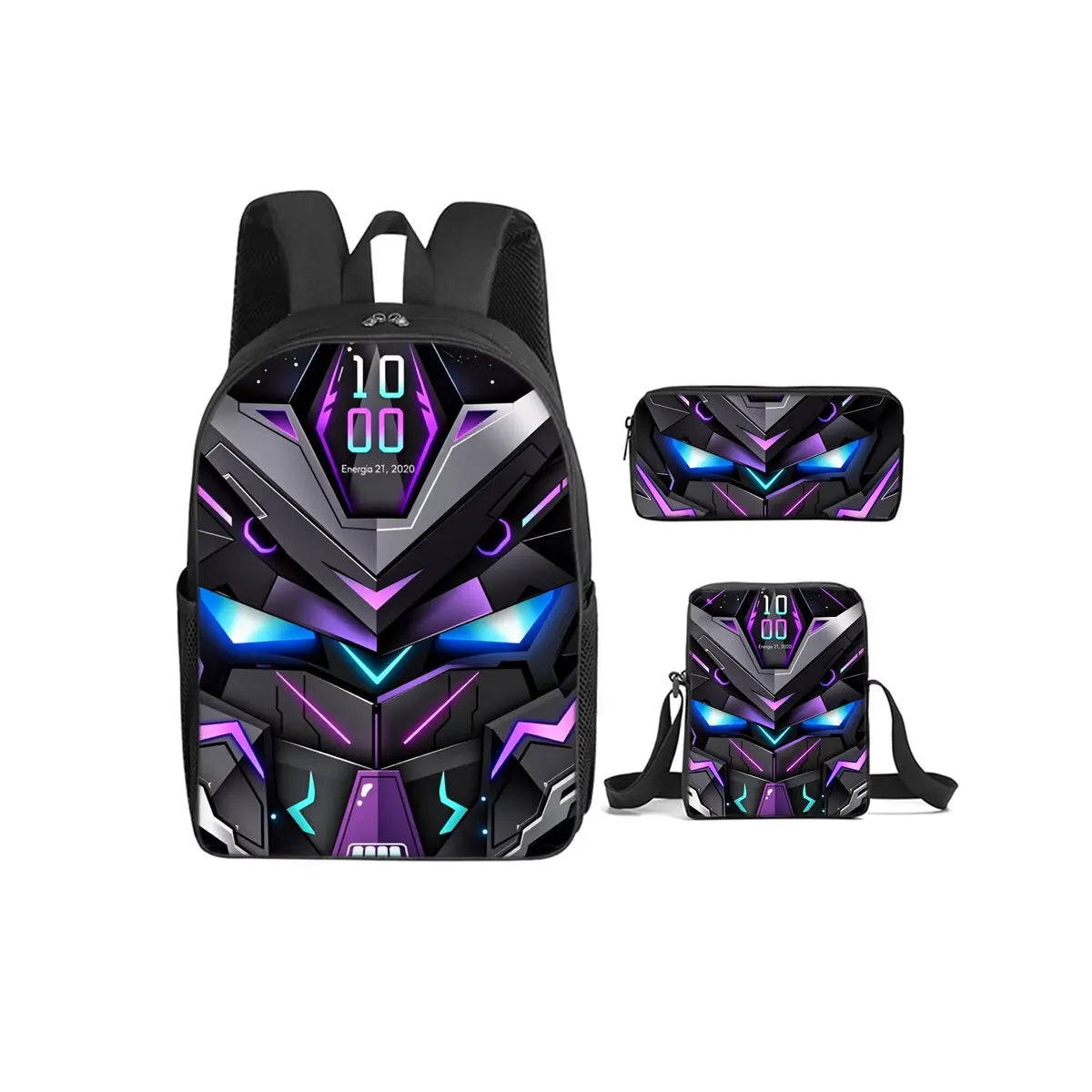 A set of three cartoon mechanical robot school backpacks featuring purple and black armor designs.