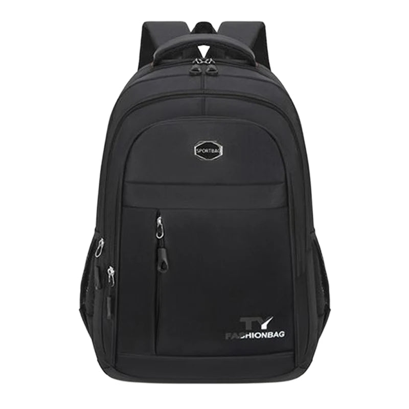 Black unisex double-shoulder travel backpack with multiple compartments and straps