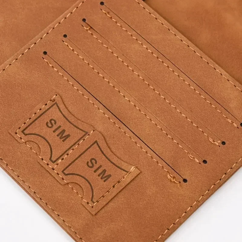 A brown genuine PU leather passport and ticket wallet cover featuring embossed SIM card slots.