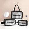 A black waterproof toiletry bag is shown in various forms, including a large rectangular case and a smaller oval pouch.