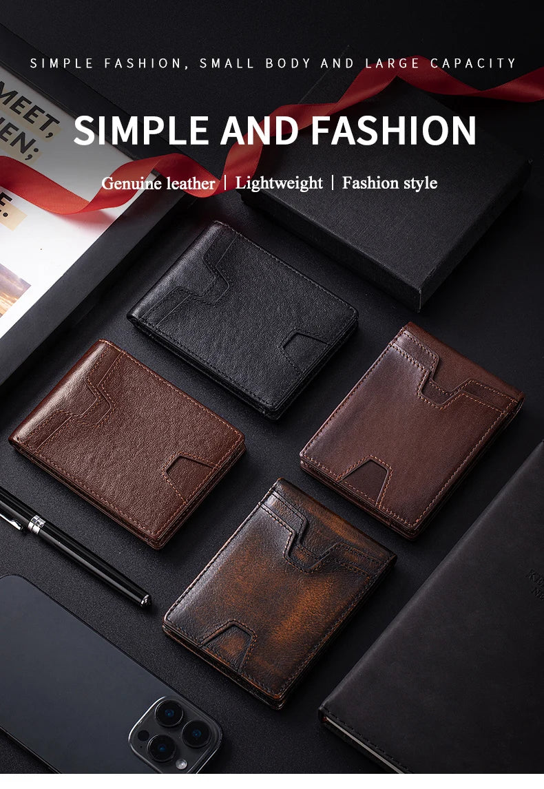 A collection of brown and black leather wallets and a pen displayed on a dark surface.