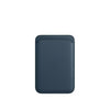 A dark blue leather wallet case designed for MagSafe compatibility.