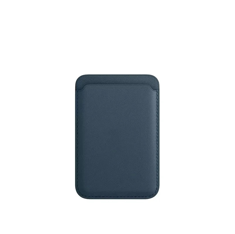 A dark blue leather wallet case designed for MagSafe compatibility.