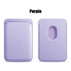 A purple MagSafe leather card wallet for iPhone shown in two views.