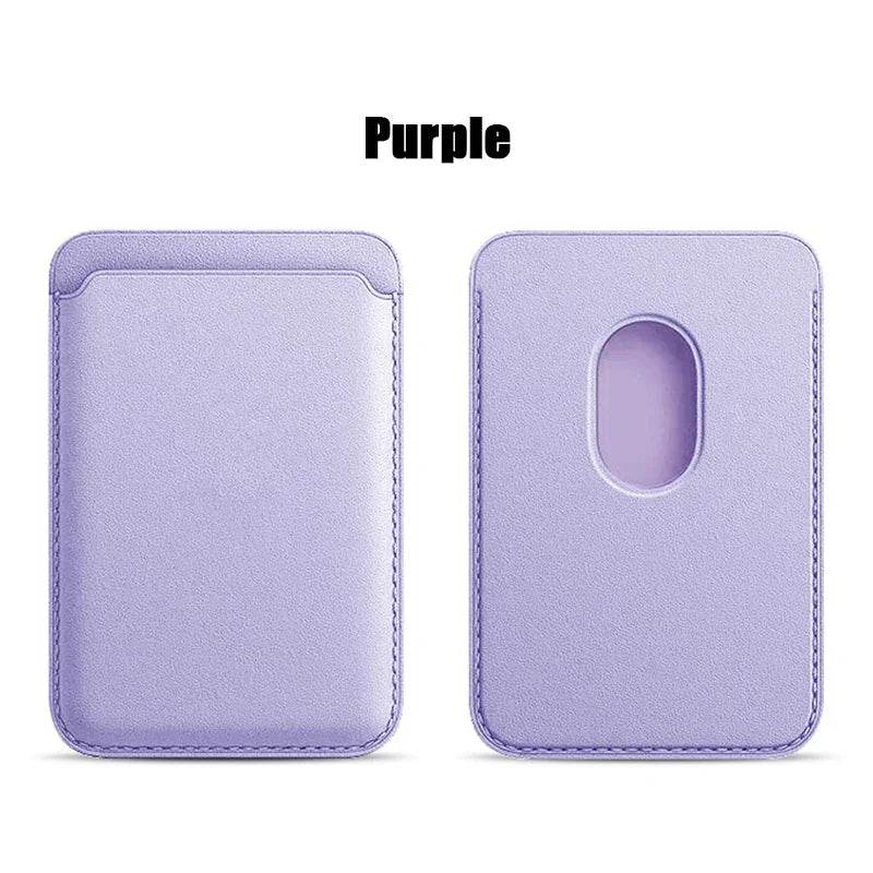 A purple MagSafe leather card wallet for iPhone shown in two views.