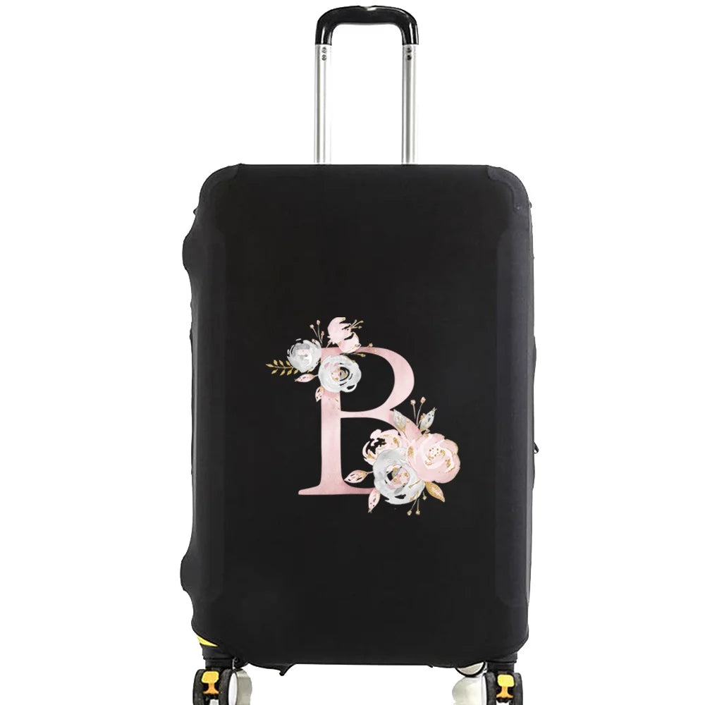 Black luggage with a pink floral letter B design and silver handle.
