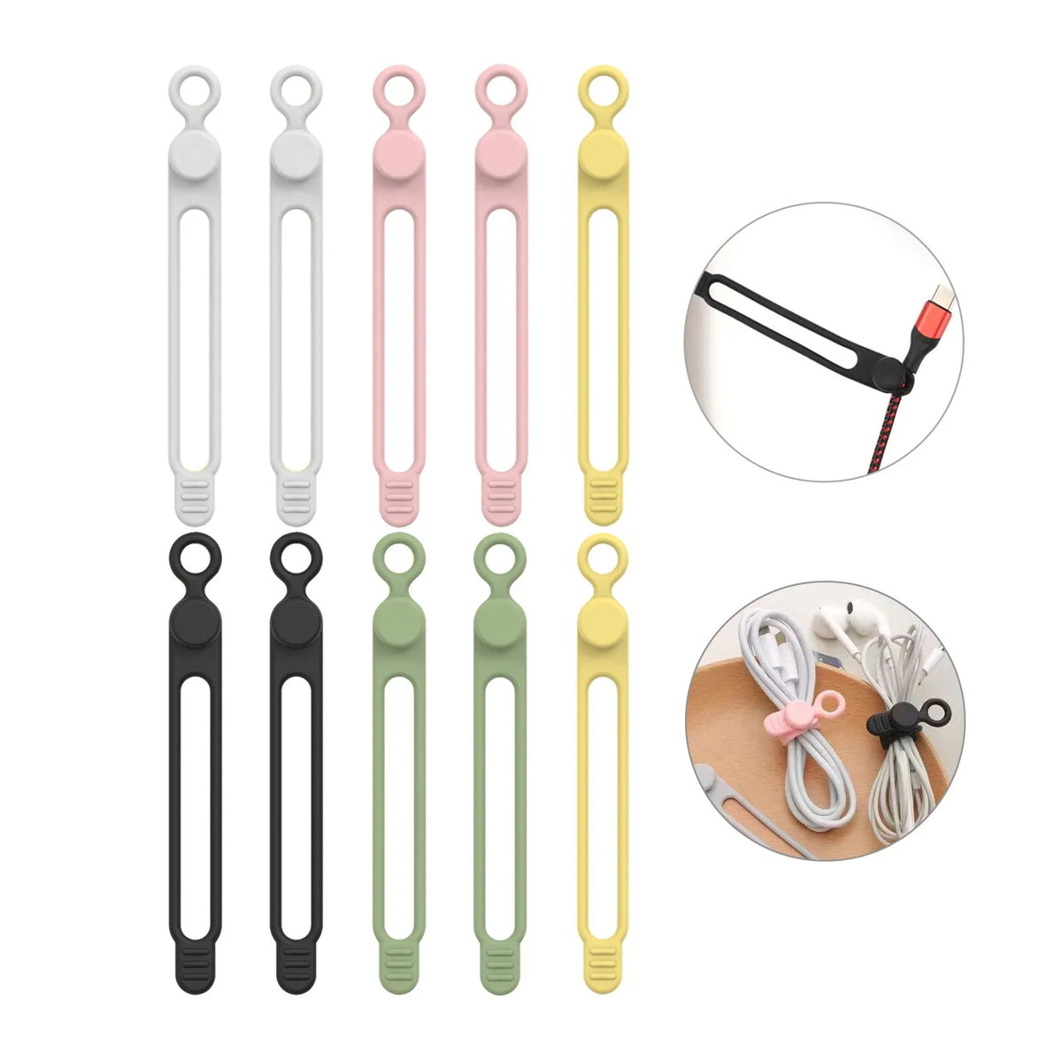 A set of silicone cable ties and cord organizers in various colors including white, gray, pink, and yellow.