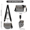A black and white checkered nylon crossbody bag with a black strap shown in various views.