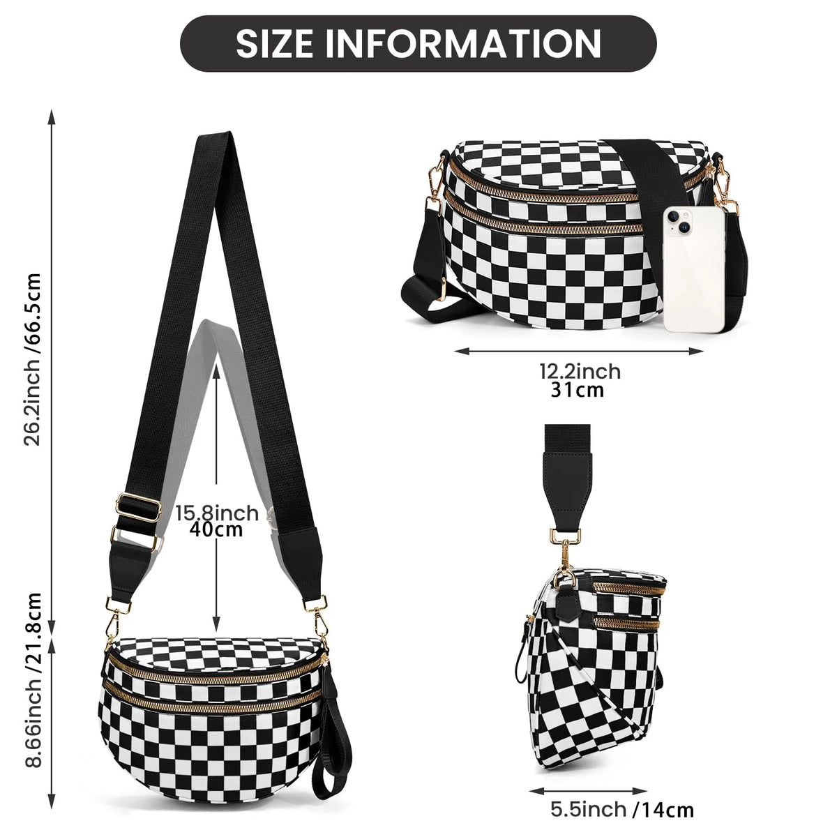 A black and white checkered nylon crossbody bag with a black strap shown in various views.