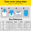 Guide showing four steps for using a case cover and a size reference chart.