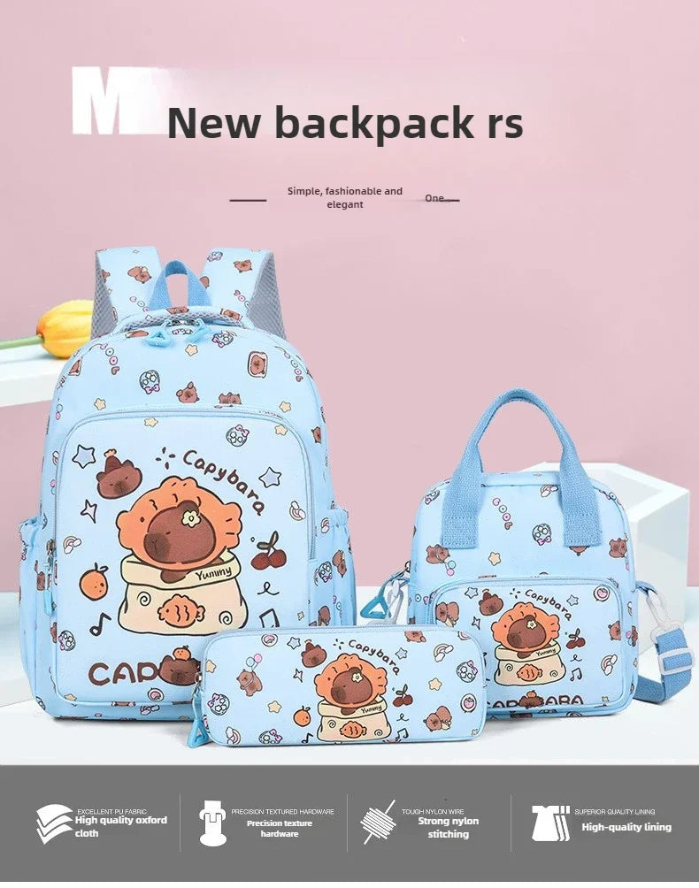 A light blue cartoon animal backpack set featuring cute illustrations and various accessories.