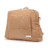 A tan corduroy diaper backpack with multiple pockets and a zipper on the side.