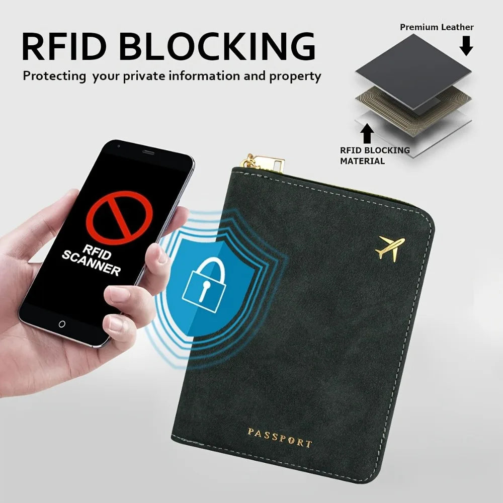 A black passport wallet with RFID blocking protection is shown next to a smartphone displaying an RFID scanner.