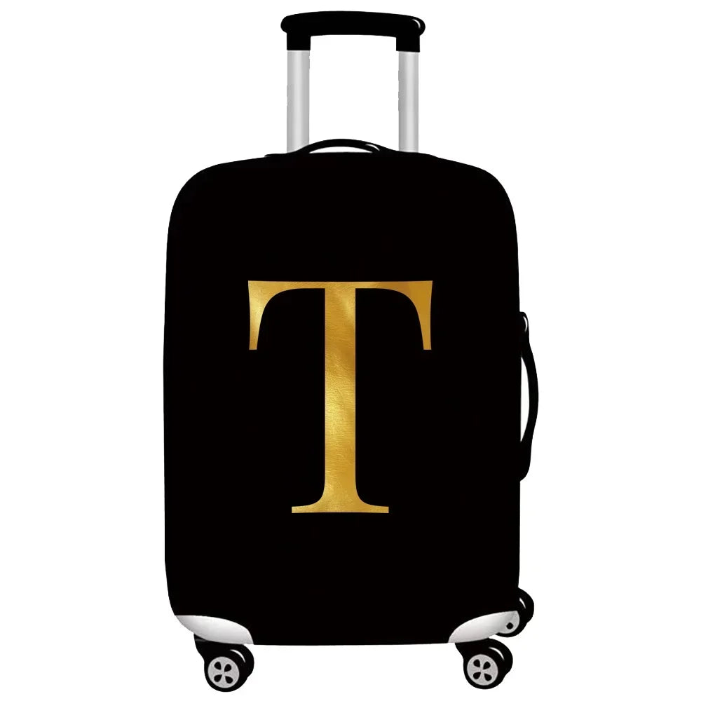 Black rolling suitcase with a gold letter T printed on the side.