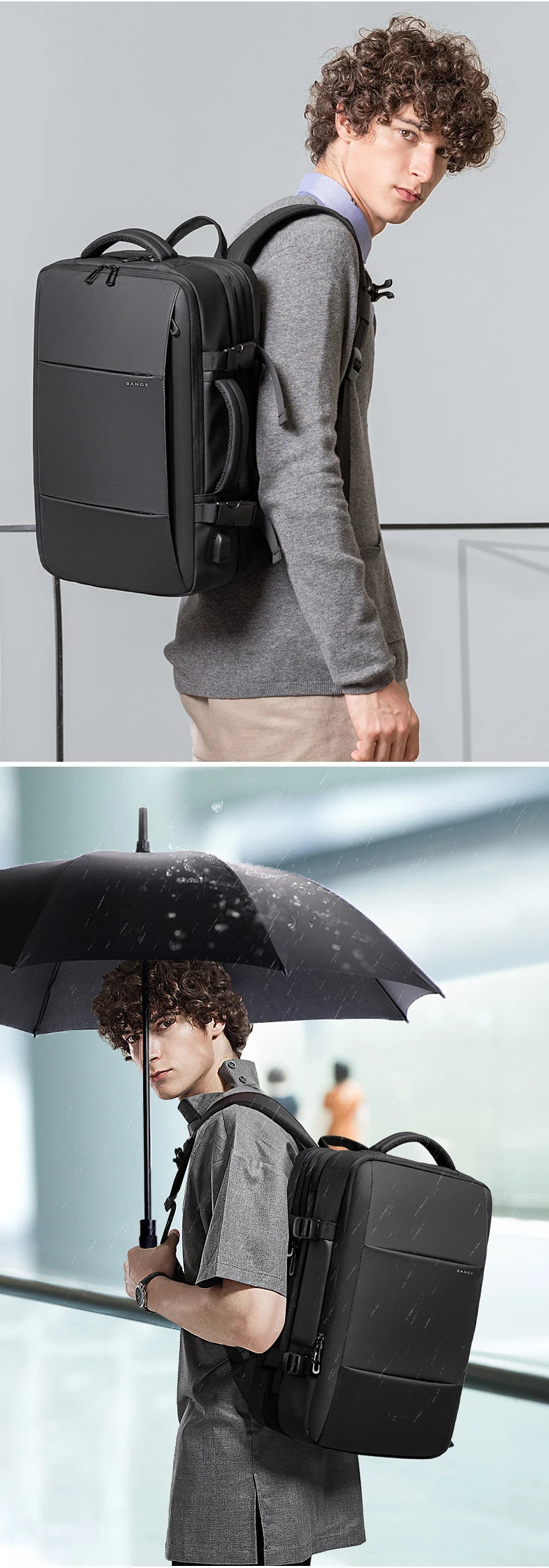 A man wearing a gray shirt and suit jacket carries a black business travel backpack under an umbrella.