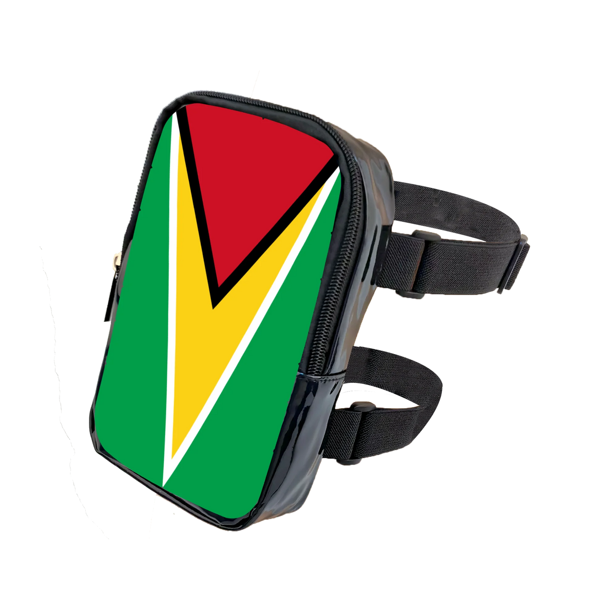 A black adjustable PU waist pouch featuring the flag of South Africa design in red, green, and yellow.