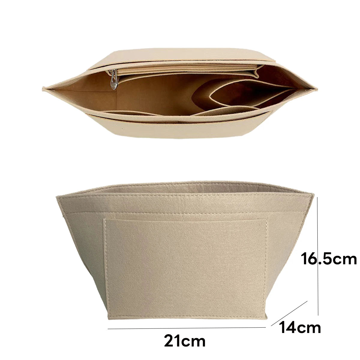 A light beige felt organizer insert for handbags shown in an open and closed view.