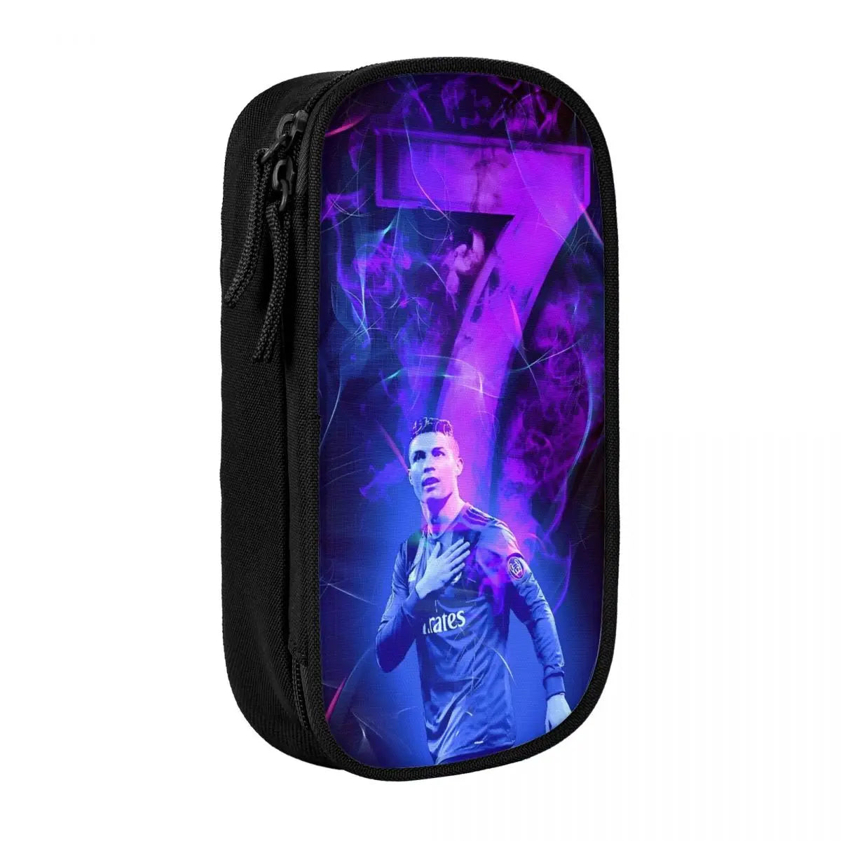 A black pencil case featuring a vibrant purple and blue abstract design with a soccer player's portrait.