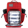 A red tactical backpack with a US flag patch, featuring clear storage compartments and an exterior mesh pocket.