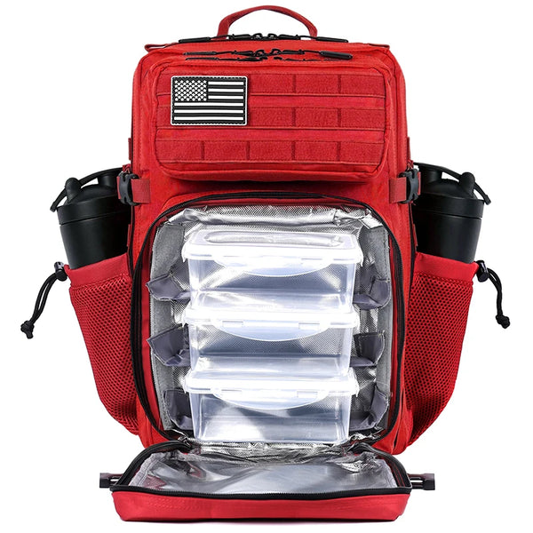 A red tactical backpack with a US flag patch, featuring clear storage compartments and an exterior mesh pocket.
