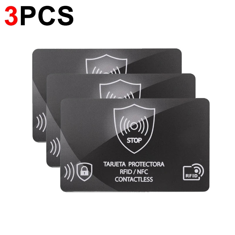 Three black RFID blocking cards with a stop symbol and RFID/NFC contactless text