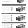 A comparison chart showing various sizes of foldable underbed storage bags for shirts, sweaters, jackets, and quilts.