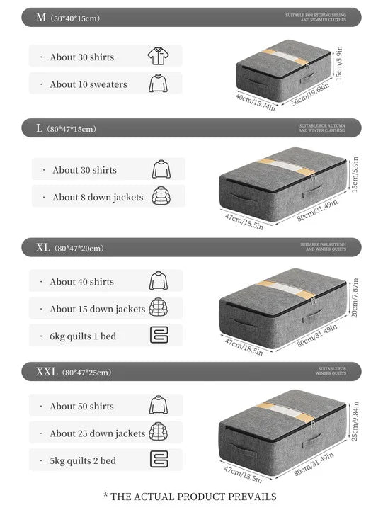 A comparison chart showing various sizes of foldable underbed storage bags for shirts, sweaters, jackets, and quilts.