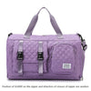 Purple nylon travel duffle bag with a quilted pattern and gray zipper pulls