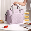 A light purple insulated lunch bag with a quilted pattern is shown on a white table next to fresh food.
