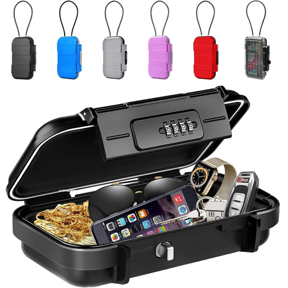 A portable travel lock box with combination security featuring multiple colored locks and a smartphone storage compartment.