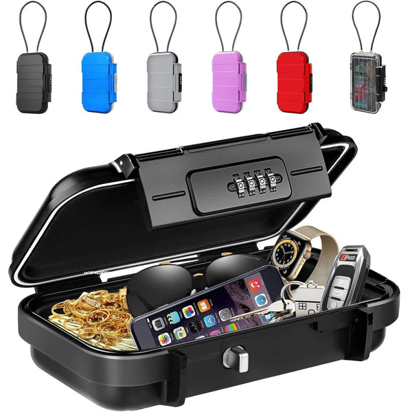A portable travel lock box with combination security featuring multiple colored locks and a smartphone storage compartment.