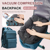 A black vacuum compression backpack is shown being used to compress a jacket or item.