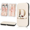 A beige cosmetic case containing a stainless steel nail clipper set and a large matching cosmetic pouch.