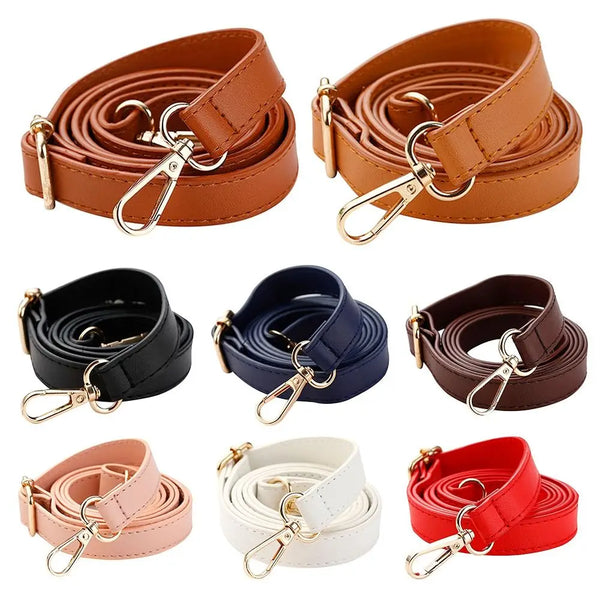 A collection of adjustable leather shoulder bag straps in various colors including brown, black, navy blue, tan, and red.