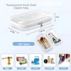 A transparent hard shell zipper bag is shown next to various items including toys, snacks, medicine, cosmetics, and stationer
