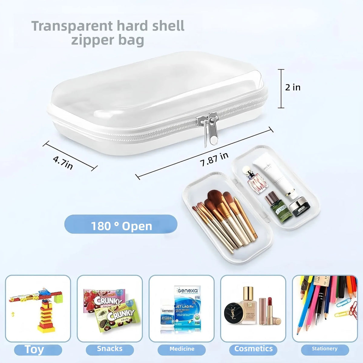 A transparent hard shell zipper bag is shown next to various items including toys, snacks, medicine, cosmetics, and stationer